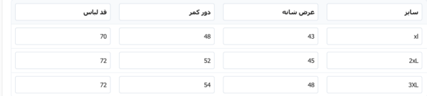 جدول راهنمای سایزبندی